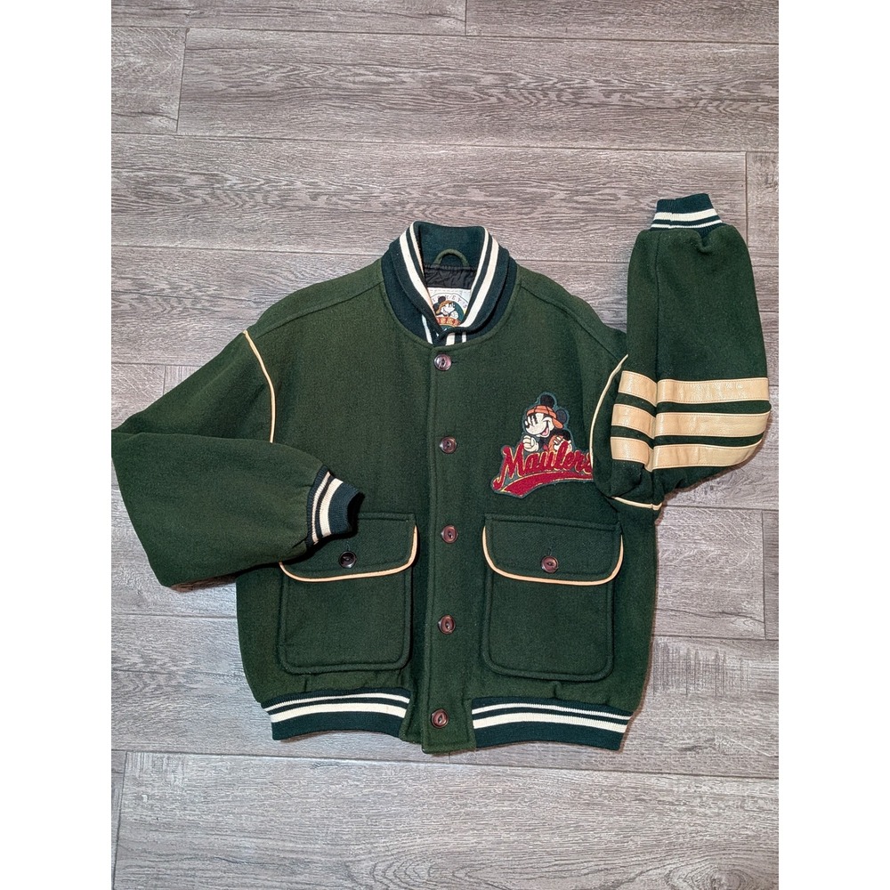 Vintage Disney Mickey Mouse Pigskin Classic Wool Varsity Jacket Green Unisex S